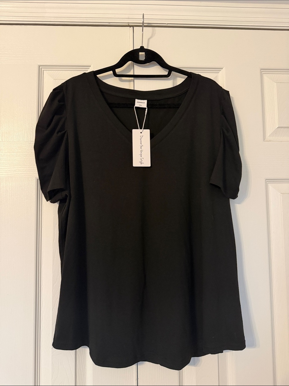 Black V-Neck Puff Sleeve Women's Top